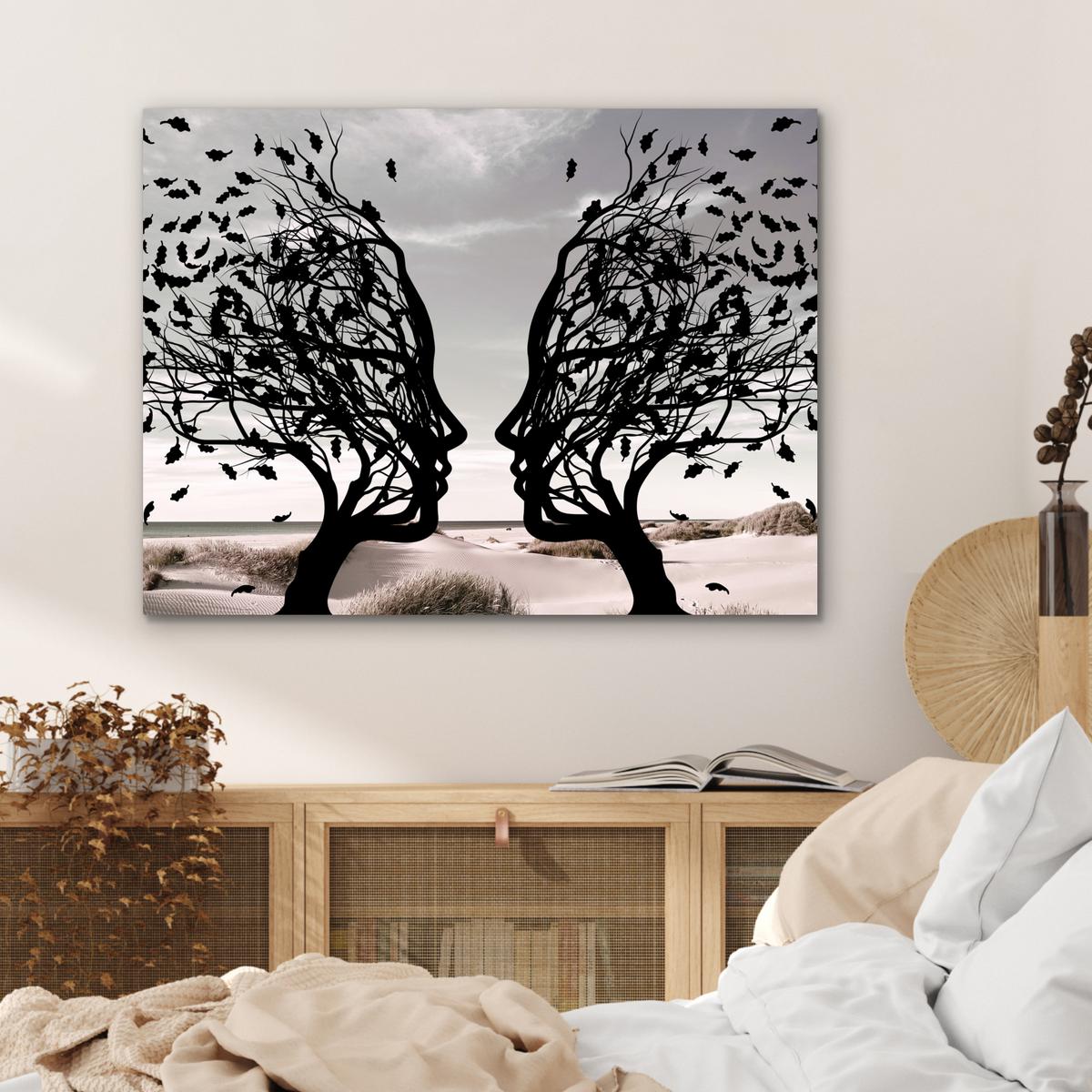 METALLBILD Strand - Meer - Menschen - Baum - Moderne Kunst 80x60 cm - Hellgrau, Metall (80/60cm) - MuchoWow