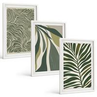 BILDER SET 3er Set - 40x60 cm Weißer Rahmen - Blätter mit wellenförmigen grünen Linien - Weiß, Kunststoff (40/60cm) - TULUP