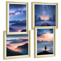 BILDER SET 4er Set - 50x50 cm & 40x60 cm Goldrahmen - Nachthimmel Berge Nebel Hirsch - Goldfarben, Kunststoff (50/50cm) - TULUP