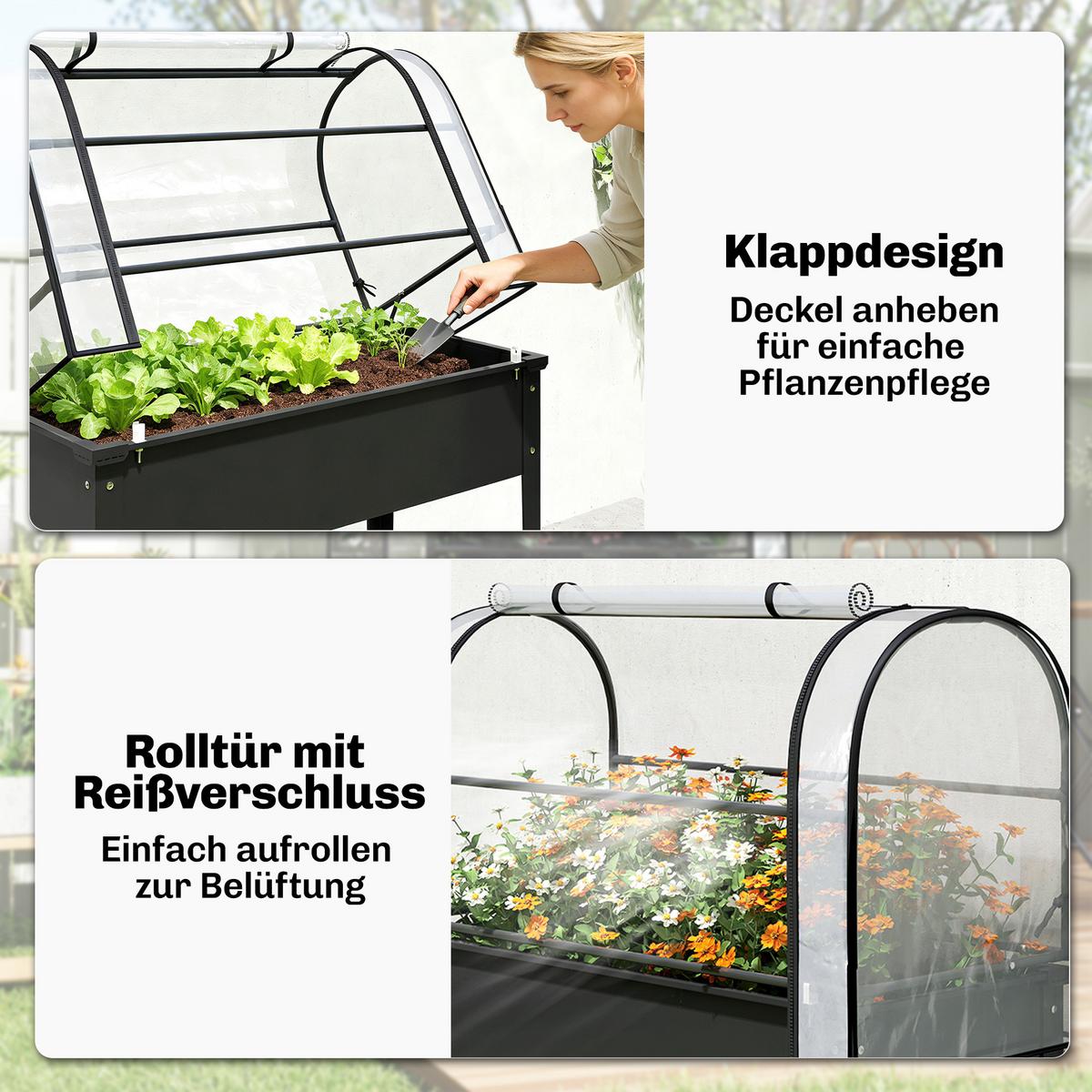 HOCHBEET mit Gewächshausabdeckung aus Kunststoff Metall Schwarz - Schwarz, Metall (49/136/100cm) - Outsunny