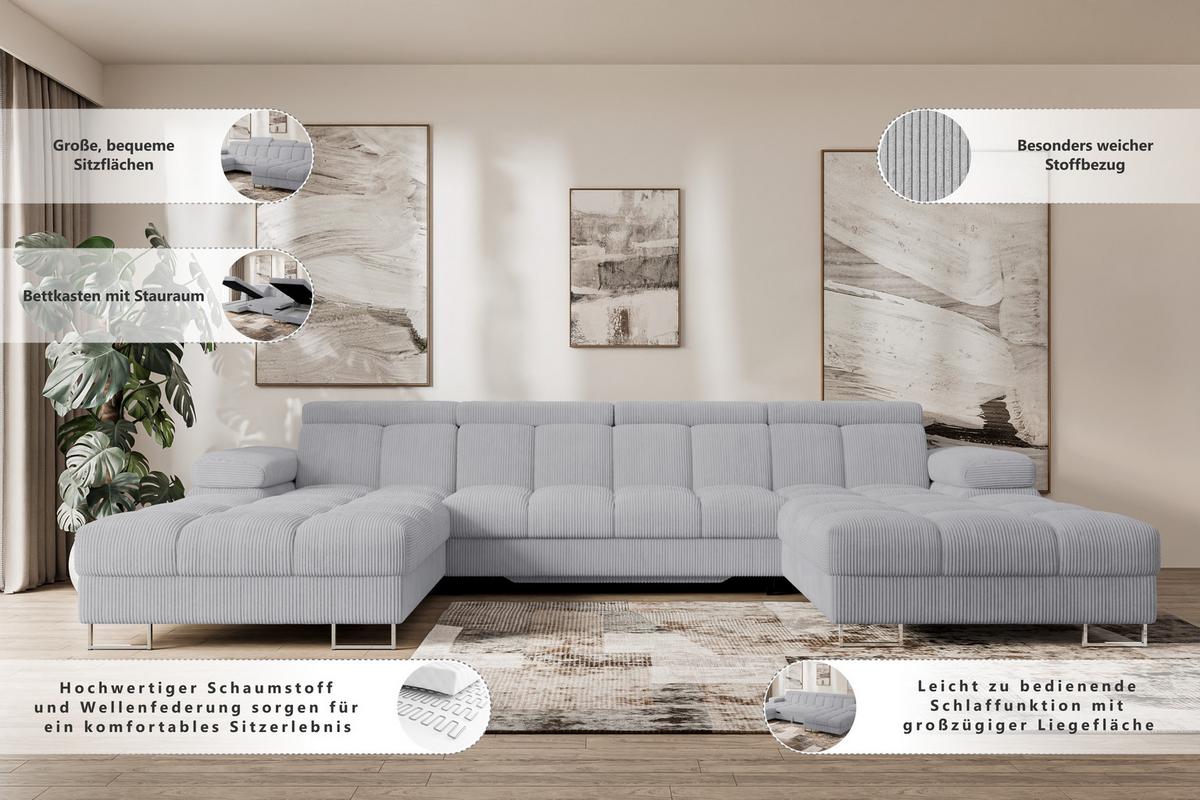 WOHNLANDSCHAFT mit Schlaffunktion und Bettkasten COMA U2 345x203x79 Weiß Bouclé - Weiß, Holzwerkstoff/Textil (345/79/203cm) - ALTDECOR