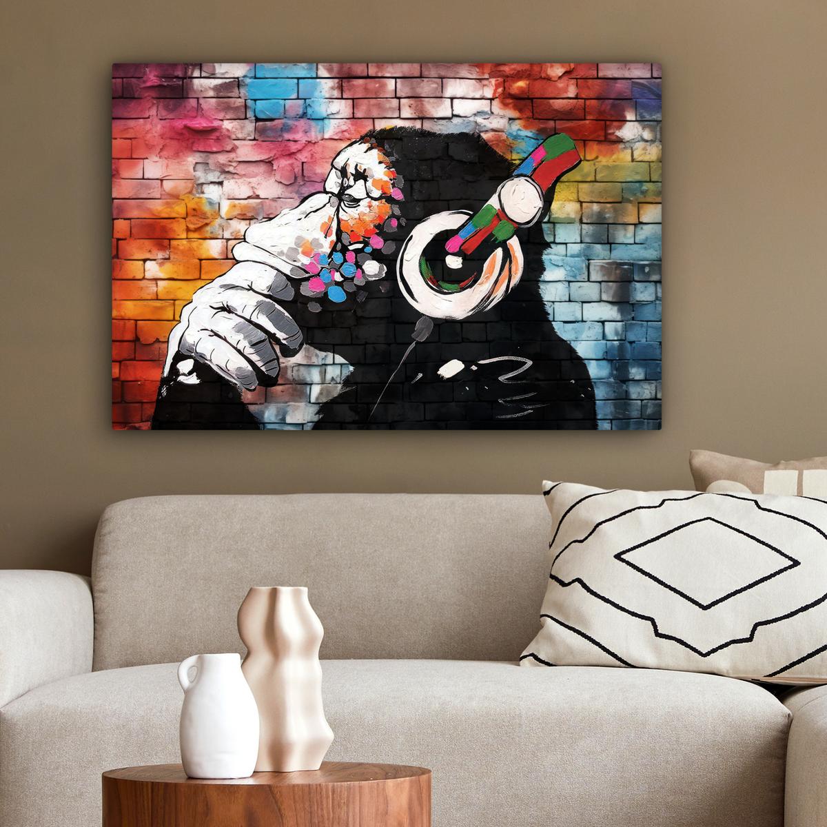 LEINWANDBILD Affe - Graffiti - Musik Gemälde 60x40 cm - Multicolor, Textil (60/40cm) - MuchoWow