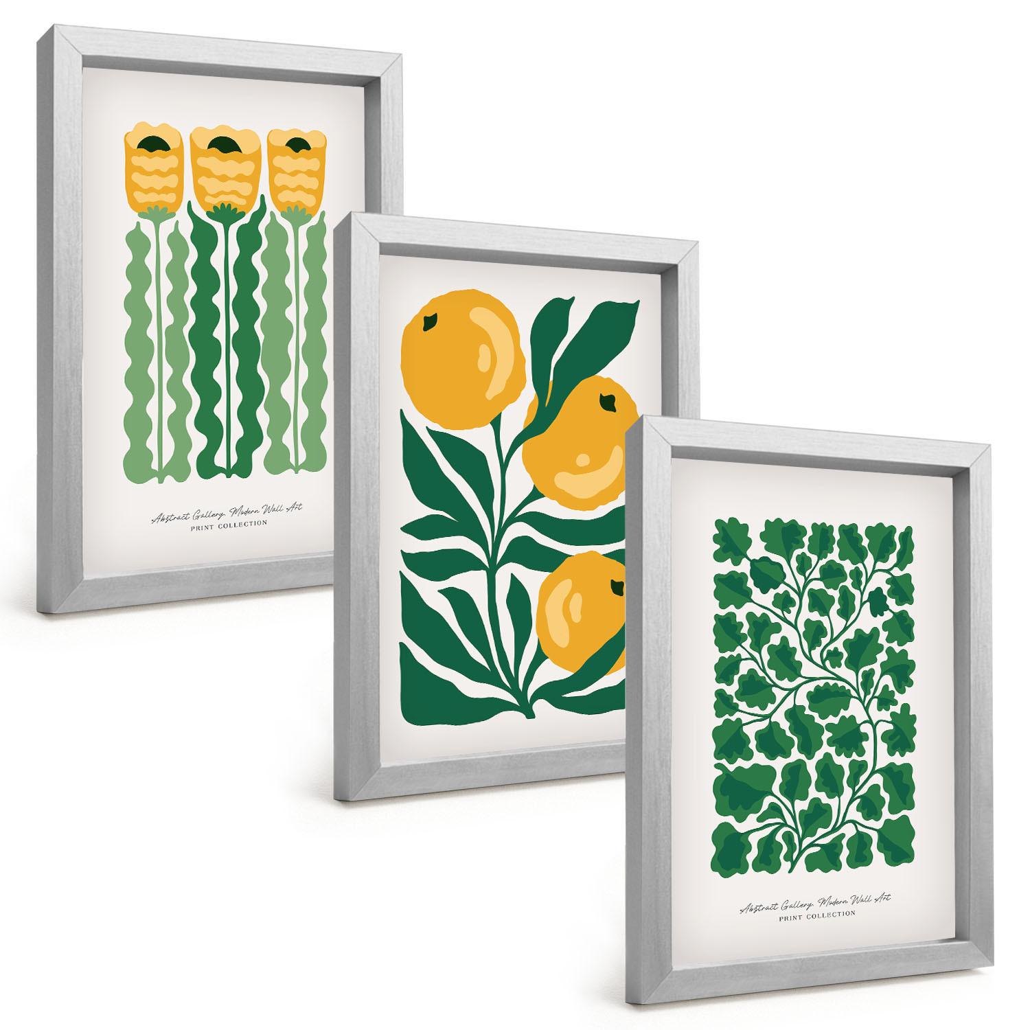 BILDER SET 3er Set - 20x30 cm Silberner Rahmen - Pflanzenmuster Blüten Blätter - Silberfarben, Kunststoff (20/30cm) - TULUP