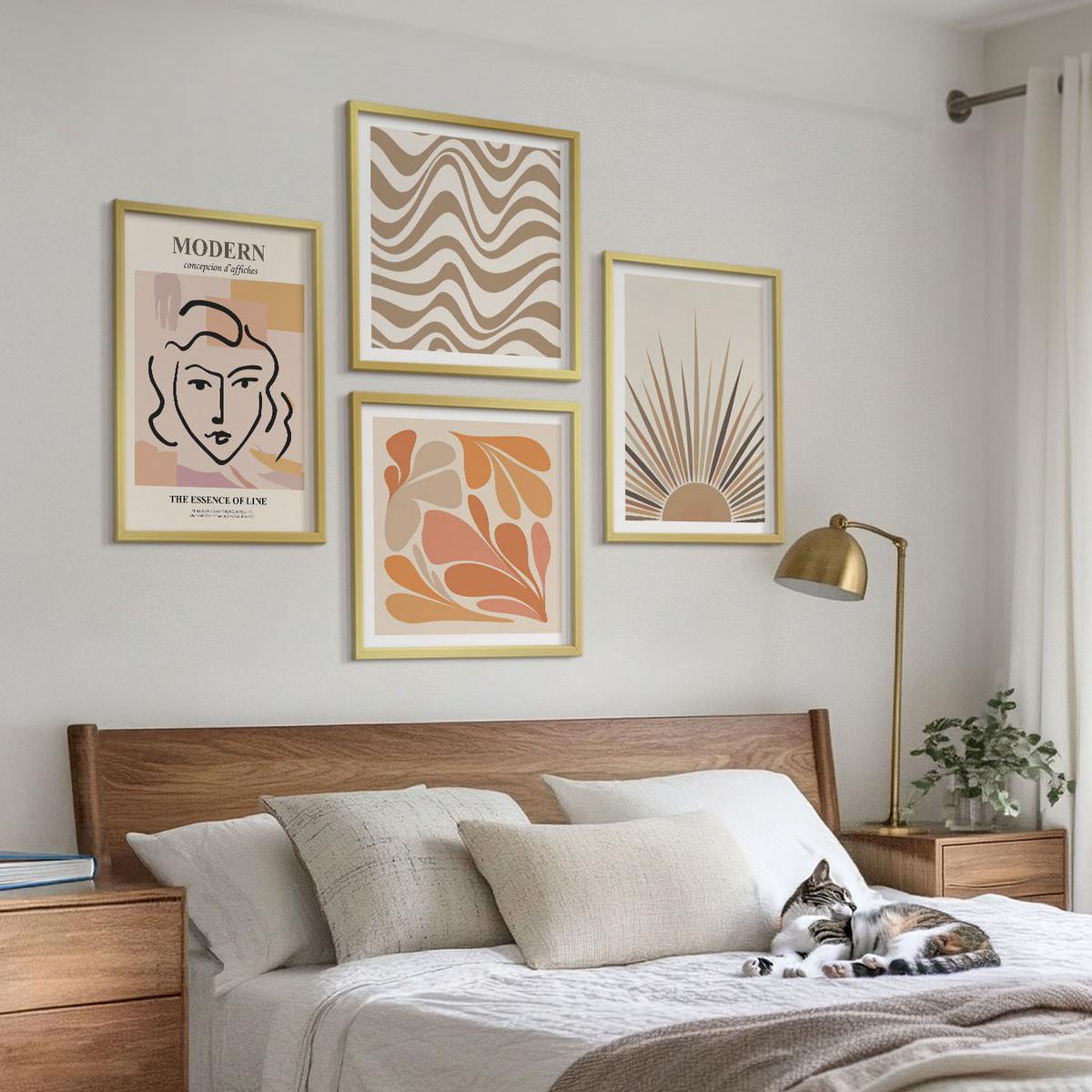 BILDER SET 4er Set - 50x50 cm & 40x60 cm Goldrahmen - Sonnen-Boho-Pastelltönen - Goldfarben, Kunststoff (50/50cm) - TULUP