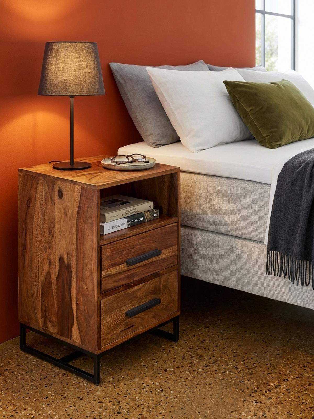 NACHTTISCH – Massivholz/Metall, Industrial-Stil, für Boxspringbett - Schwarz/Braun, Holz/Metall (40/66/35cm) - KADIMA DESIGN