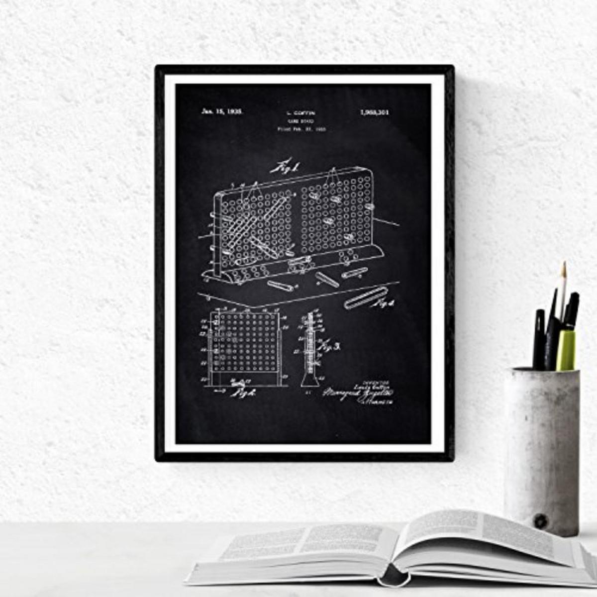 POSTER Set mit 4 Schwarz Brettspiele Patent A4 Schwarzer Rahmen - Schwarz, Papier (29.7/3cm) - Nacnic