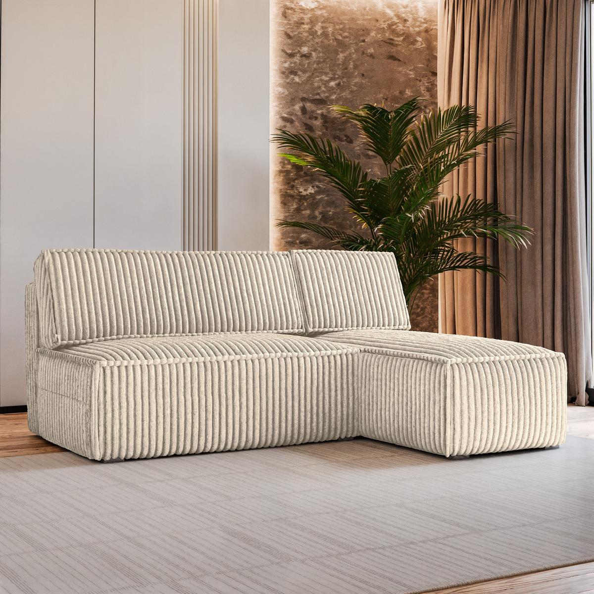 ECKSOFA BRISO T Creme Kordstoff mit Schlaffunktion - Creme/Grau, Holz/Kunststoff (200/140cm) - MASSENO