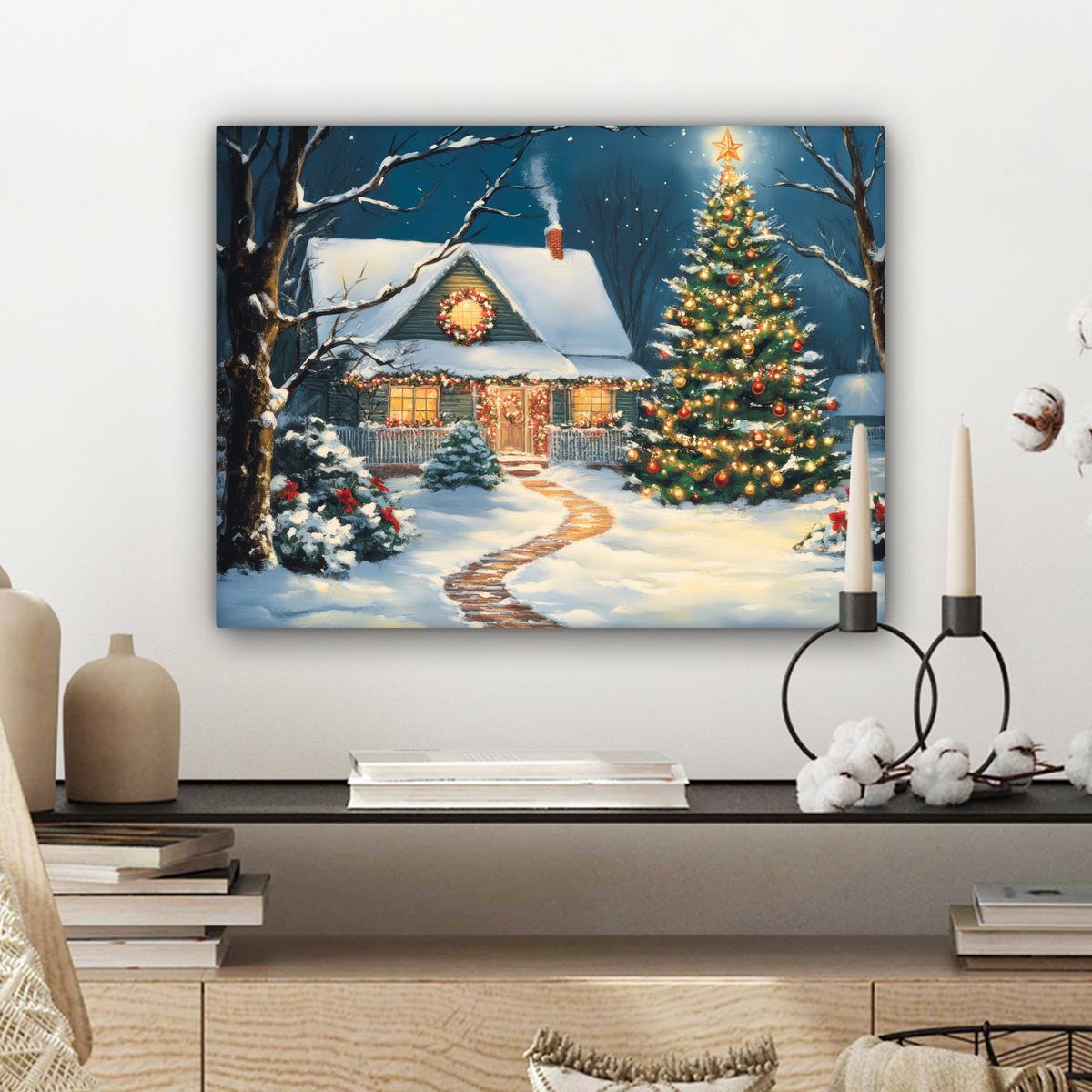 LEINWANDBILD Weihnachten - Weihnachtsbaum - Winter - Zuhause - Schnee Wandbild 40x30 cm - Smaragdgrün, Textil (40/30cm) - MuchoWow