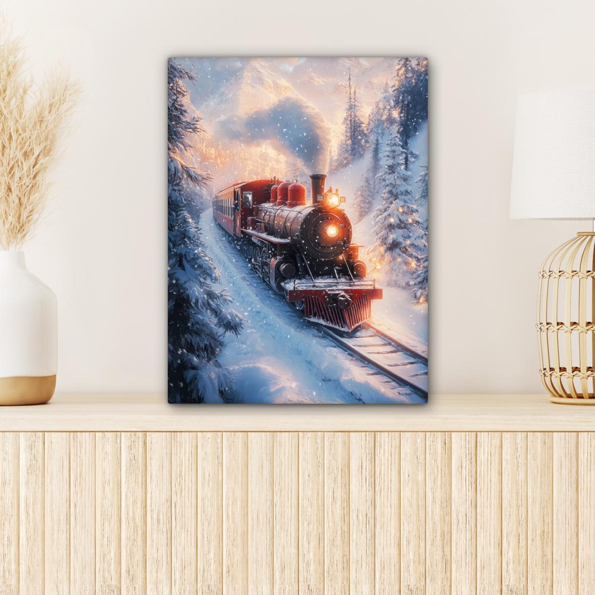 LEINWANDBILD Weihnachtszug - Schnee - Winter - Weihnachten Room Decor 30x40 cm - Dunkelrot, Textil (30/40cm) - MuchoWow