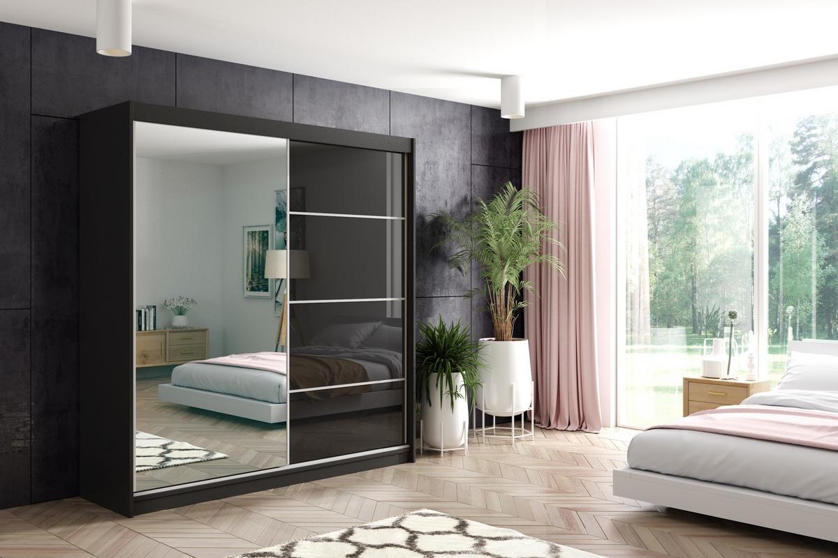 KLEIDERSCHRANK mit Spiegel-Schiebetüren und Aluminium-Leisten, LED-Beleuchtung - VIVONA - 200 cm Schwarz - Schwarz, Holzwerkstoff (120/216/61cm) - ALTDECOR
