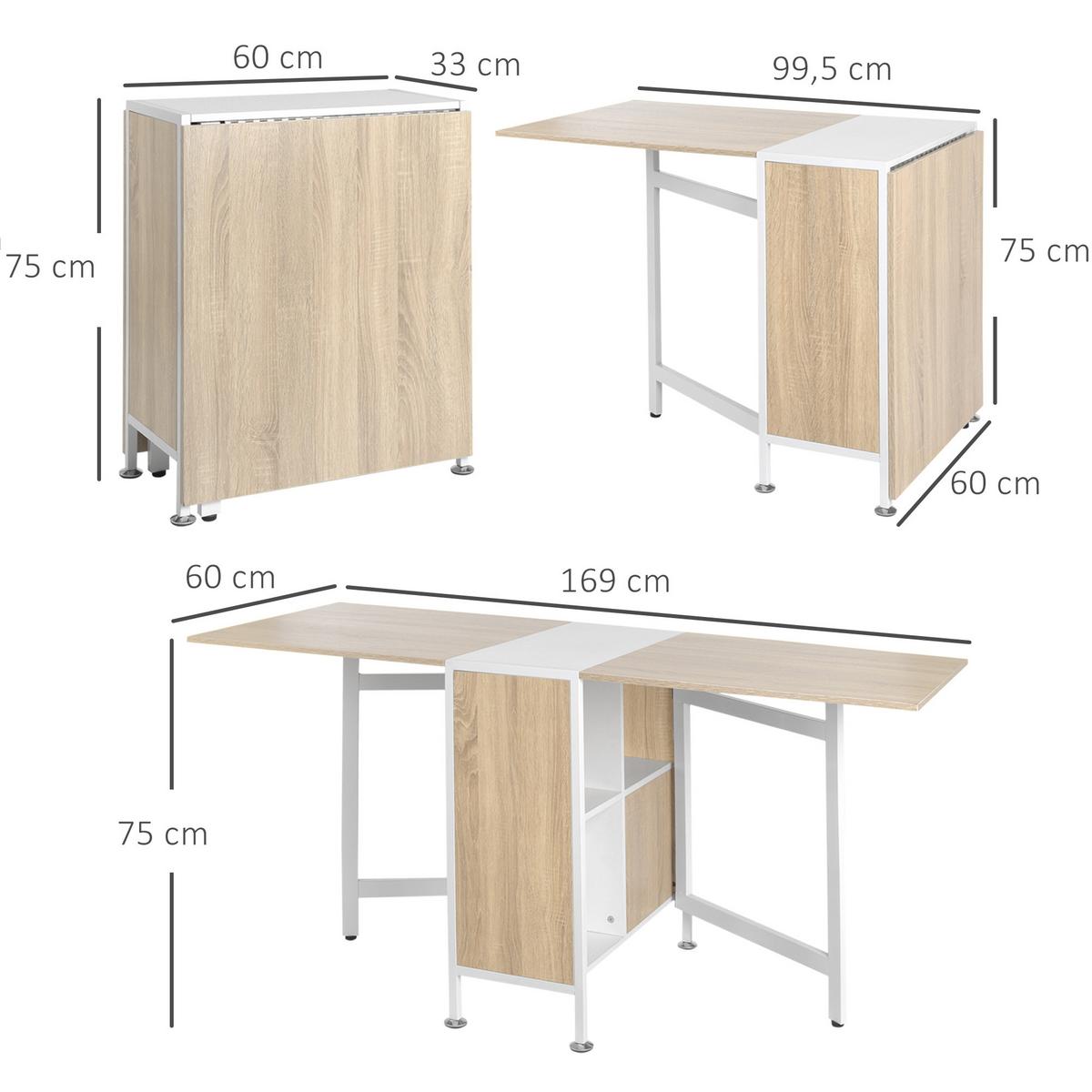 KLAPPTISCH Esstisch Beistelltisch Eiche Metallrahmen Küche Wohnzimmer Natur+Weiß - Naturfarben/Weiß, Holzwerkstoff/Kunststoff (169/60/75cm) - HOMCOM