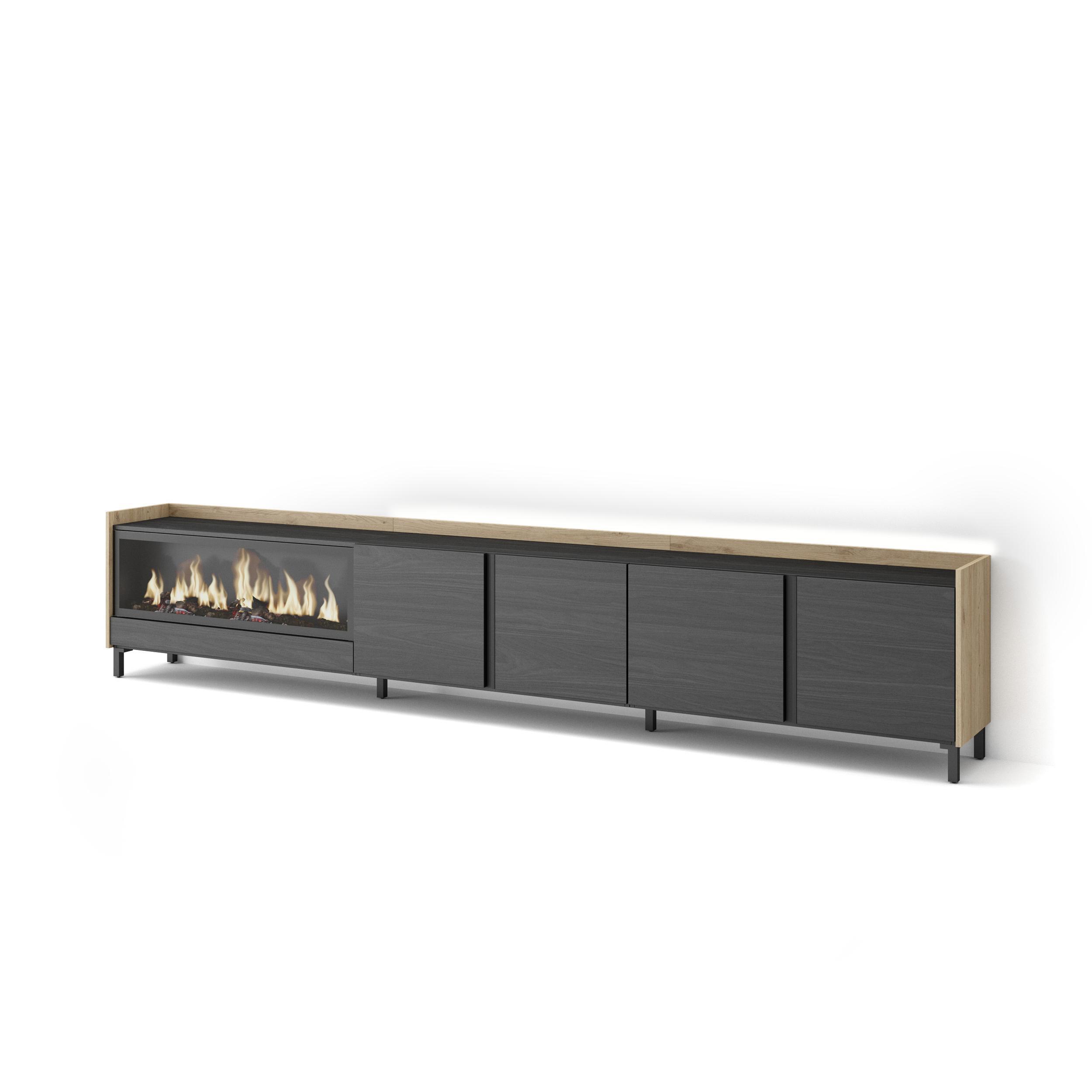 LOWBOARD, Schwarz und Eiche, 315/35/61cm, Kamin mit Feuereffekt XXL - Schwarz, Holzwerkstoff (315/61/35cm) - Skraut Home