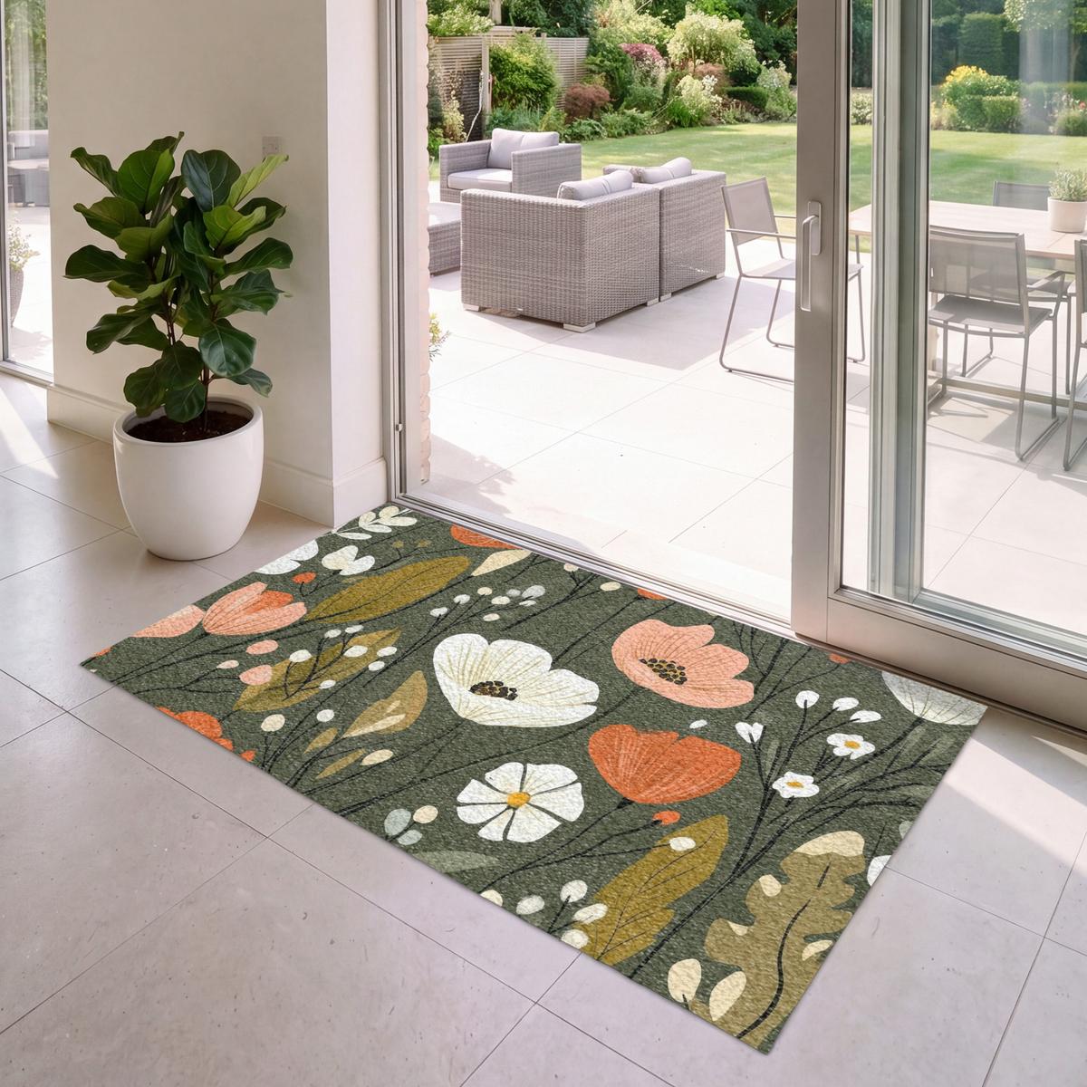 FUSSMATTE Blumen - Illustration - Grün Flurteppich 150x90 cm - Dunkelgrün, Kunststoff (150/0.4cm) - MuchoWow