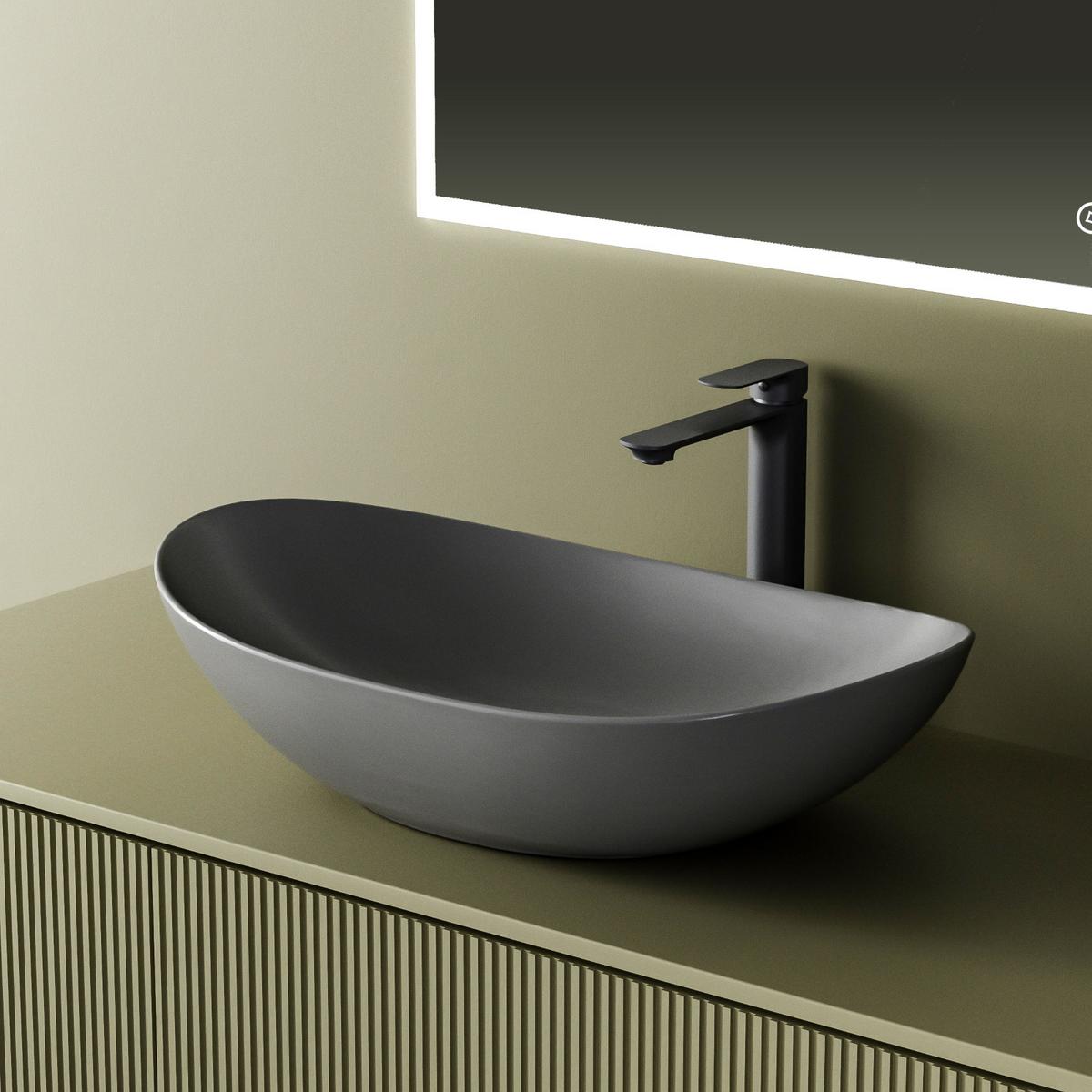 WASCHBECKEN Oval Keramik Mattgrau 61,5 / 36 / 15,5 cm - Grau, Keramik (61.5/15.5/36cm) - EMKE