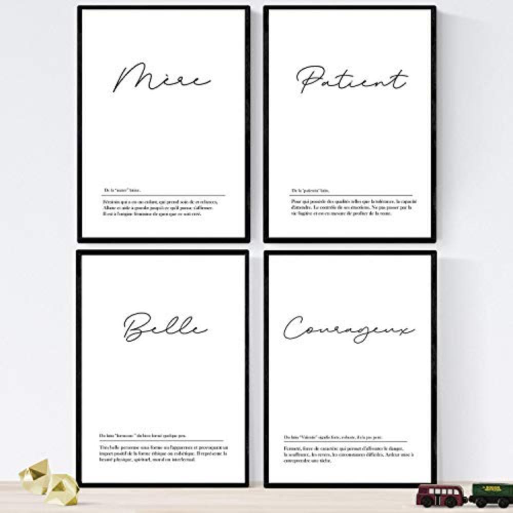 POSTER Set mit 4 Worten auf Französisch A3 Schwarzer Rahmen - Schwarz, Papier (29.7/3cm) - Nacnic