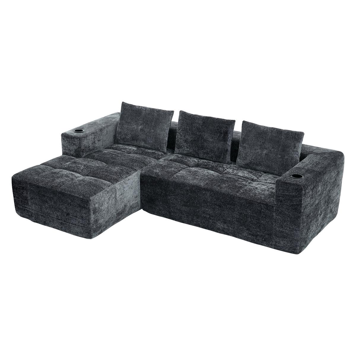ECKSOFA chenille L-form mit getränkehaltern & 3 kissen - Grau, Textil (258/163cm) - Urban Meuble
