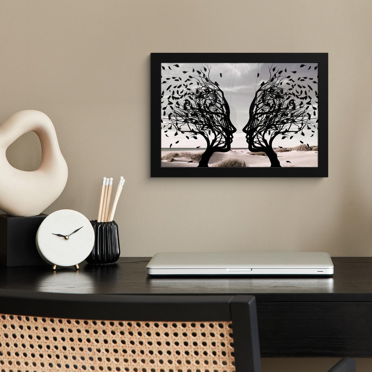POSTER MIT RAHMENGERAHMTES BILD Strand - Meer - Menschen - Baum - Moderne Kunst 30x20 cm - Hellgrau, Papier (30/20cm) - MuchoWow