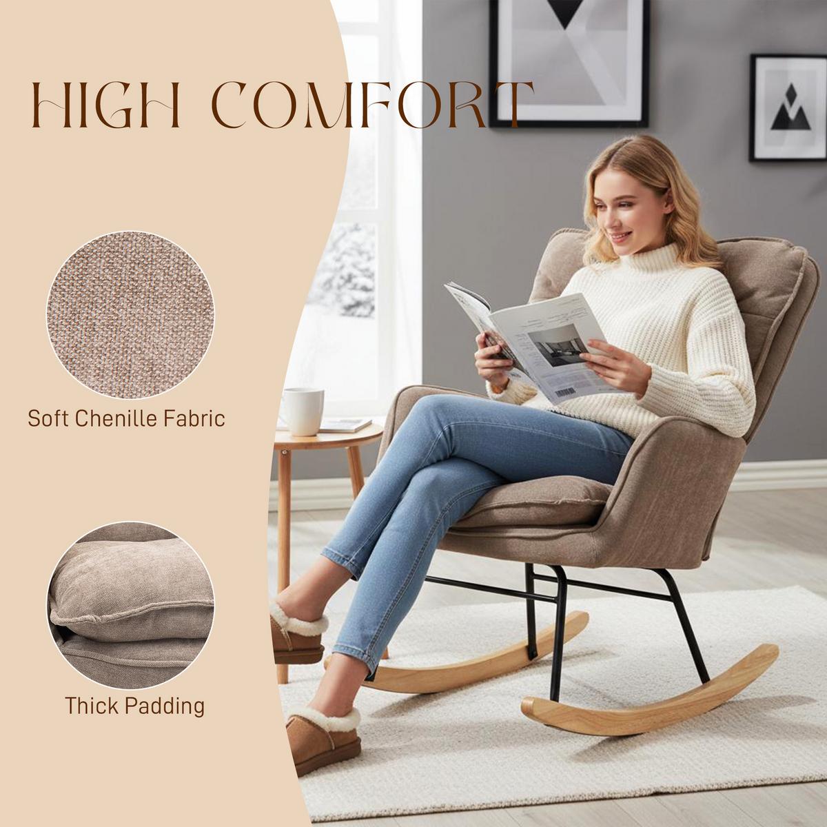 SCHAUKELSTUHL Schwingsessel Armlehnsessel mit Chenilleoptik für Schlafzimmer - Braun/Naturfarben, Holz/Textil (98.5/97/71cm) - HOMCOM