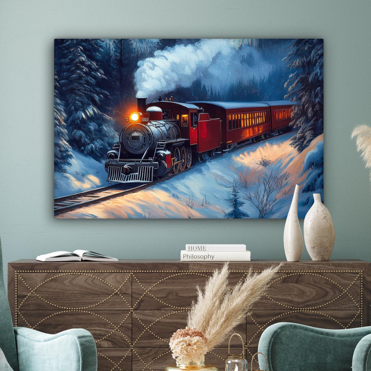 LEINWANDBILD Zug - Weihnachten - Schnee - Weihnachtszug XXL 150x100 cm - Anthrazit, Textil (150/100cm) - MuchoWow