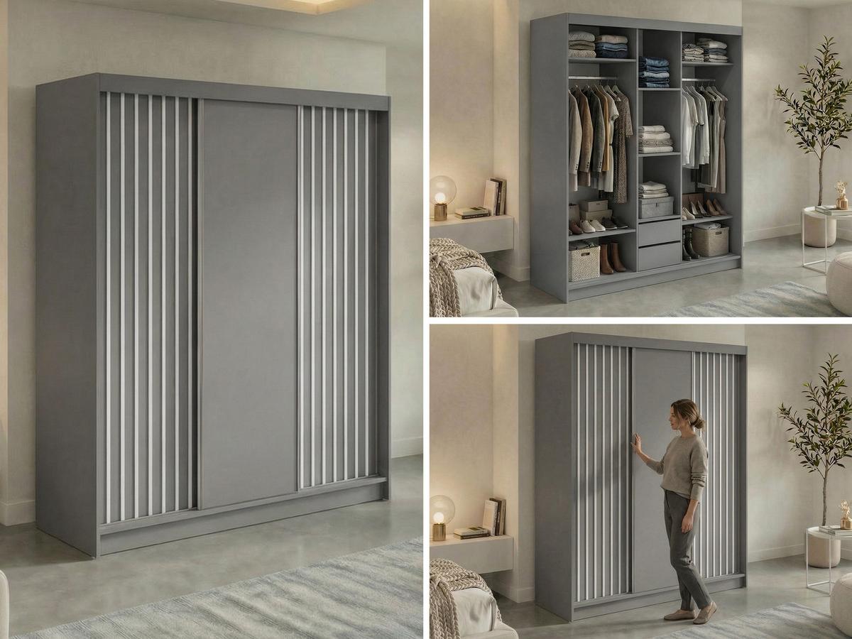SCHWEBETÜRENSCHRANK mit Lamellen und Schubladen LUMOS - 180 - Grau und Weiß - Alufarben/Weiß, Holzwerkstoff/Metall (180/216/61cm) - MKS