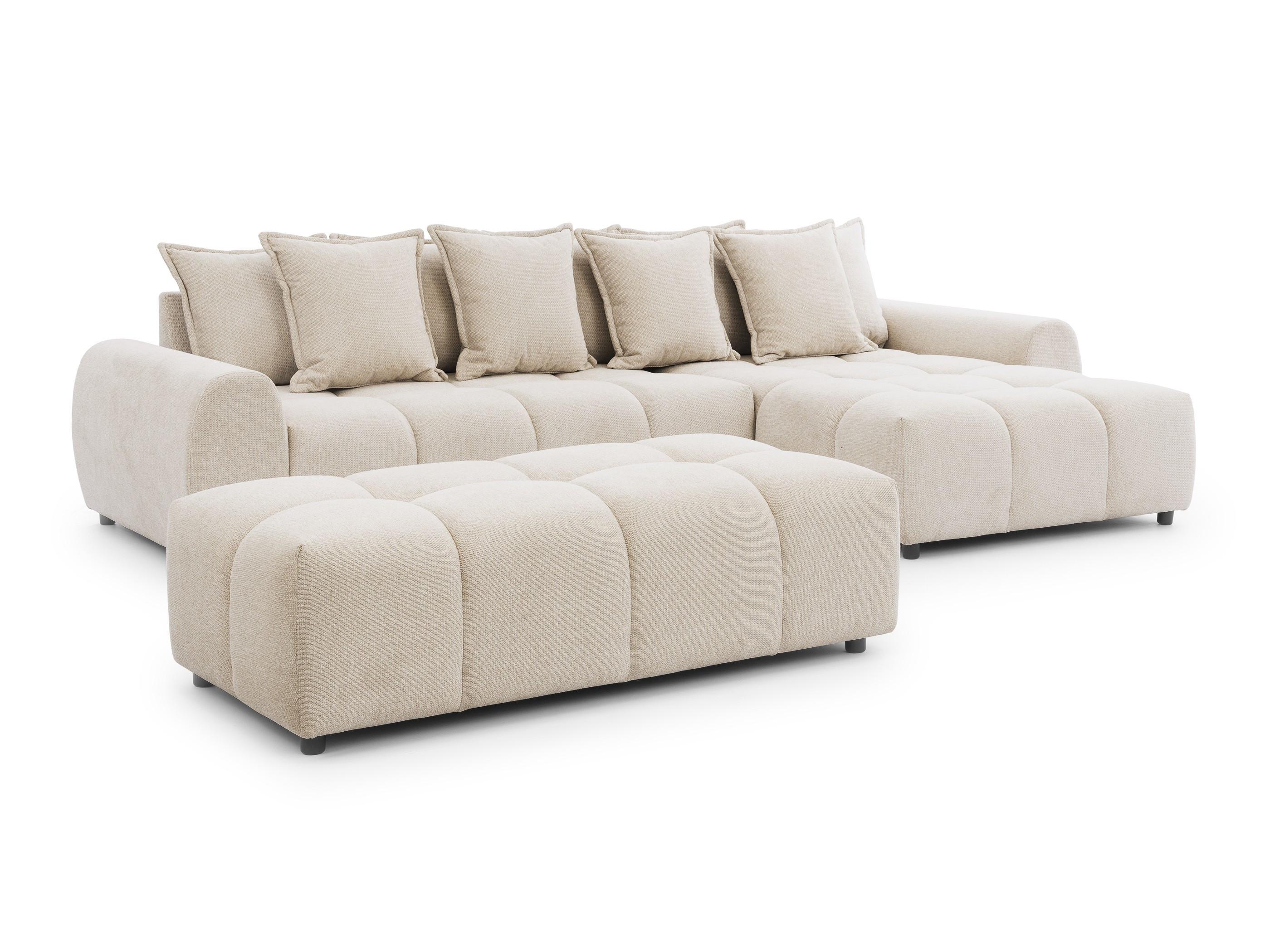 ECKSOFA inkl. Hocker Bubble mit Schlaffunktion und losen Rückenkissen, Sitzfläche Bubble-Optik aus weichem Hellbeige Strukturstoff - Ottomane Rechts - Beige/Schwarz, Holz/Kunststoff (306/180cm) - S-Style