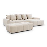 ECKSOFA inkl. Hocker Bubble mit Schlaffunktion und losen Rückenkissen, Sitzfläche Bubble-Optik aus weichem Hellbeige Strukturstoff - Ottomane Rechts - Beige/Schwarz, Holz/Kunststoff (306/180cm) - S-Style