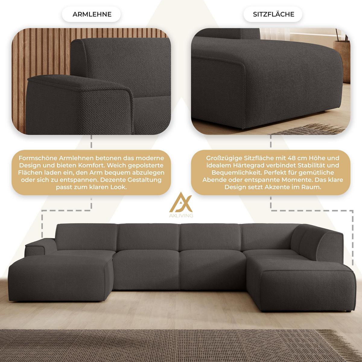 WOHNLANDSCHAFT Didim Grau 378/220/78 cm – großes Sofa stilvoll & bequem R - Schwarz/Grau, Kunststoff/Textil (378/78/220cm) - AX Living