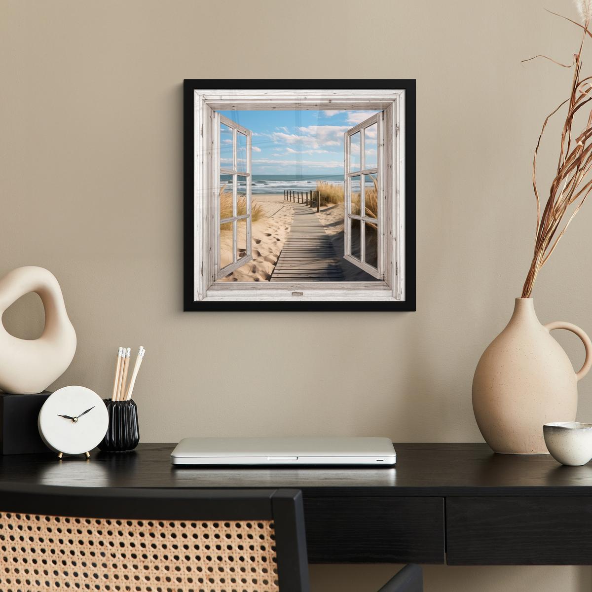POSTER MIT RAHMENGERAHMTES BILD Fenster - Meer - Küste - Natur - Ausblick - Strand - Wattenmeer 40x40 cm - Beige, Papier (40/40cm) - MuchoWow