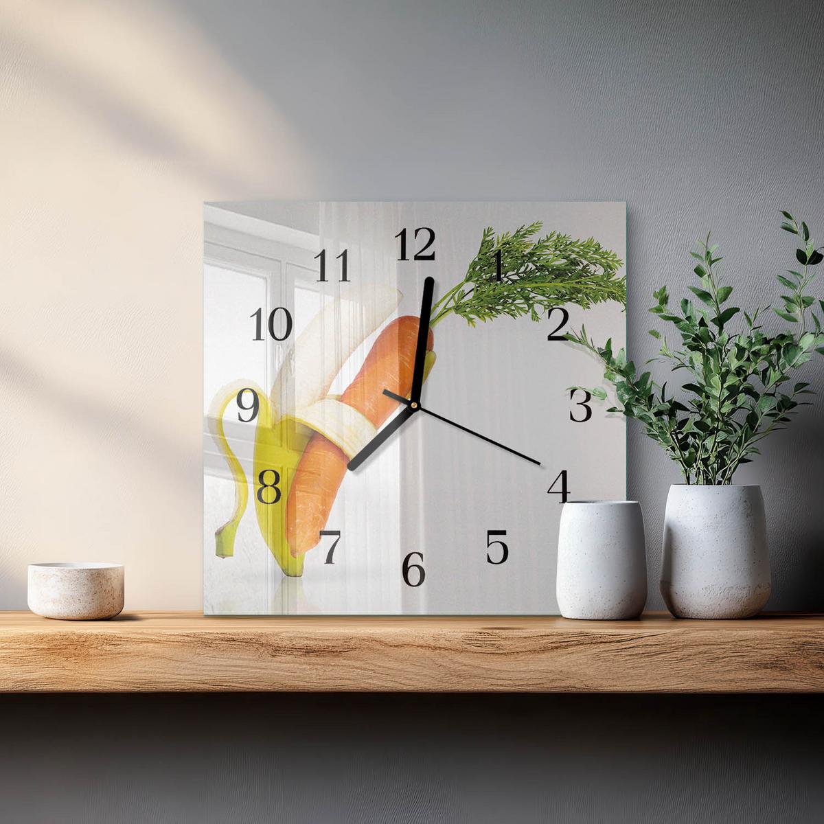 WANDUHR aus Glas 30x30 cm - Karotten und Bananen - Orange, Glas (30/30/0.4cm) - TULUP