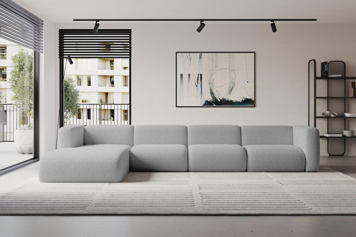 ECKSOFA Ottomane Links MIRA-L3 409x179x70 Hellgrau Bouclé - Silberfarben/Hellgrau, Holzwerkstoff/Kunststoff (409/179cm) - ALTDECOR