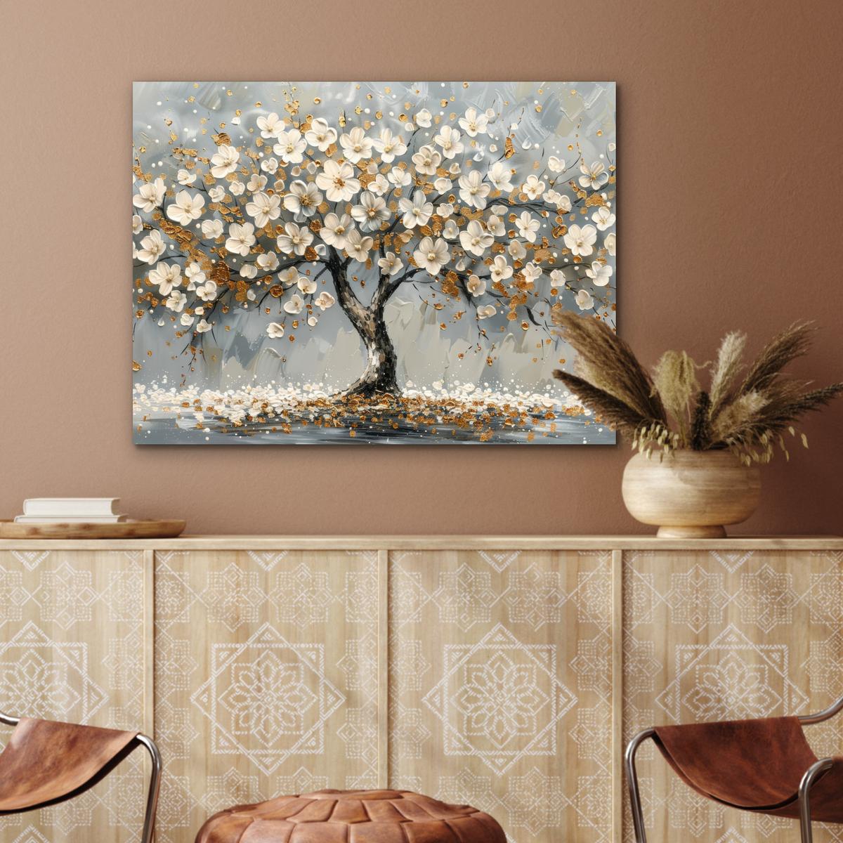 METALLBILD Baum - Blumen - Weiß - Natur - Kunst 80x60 cm - Weiß, Metall (80/60cm) - MuchoWow