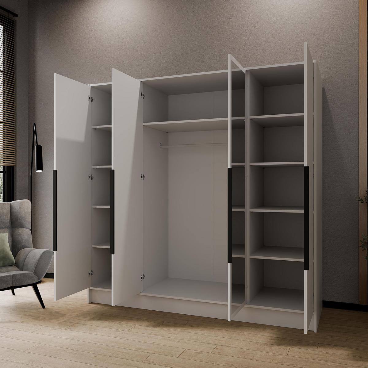 DREHTÜRENSCHRANK Laro mit Spiegel, Weiß mit mit schwarzen Griffen, 200 cm - Weiß, Holzwerkstoff (200/200/51cm) - Beautysofa