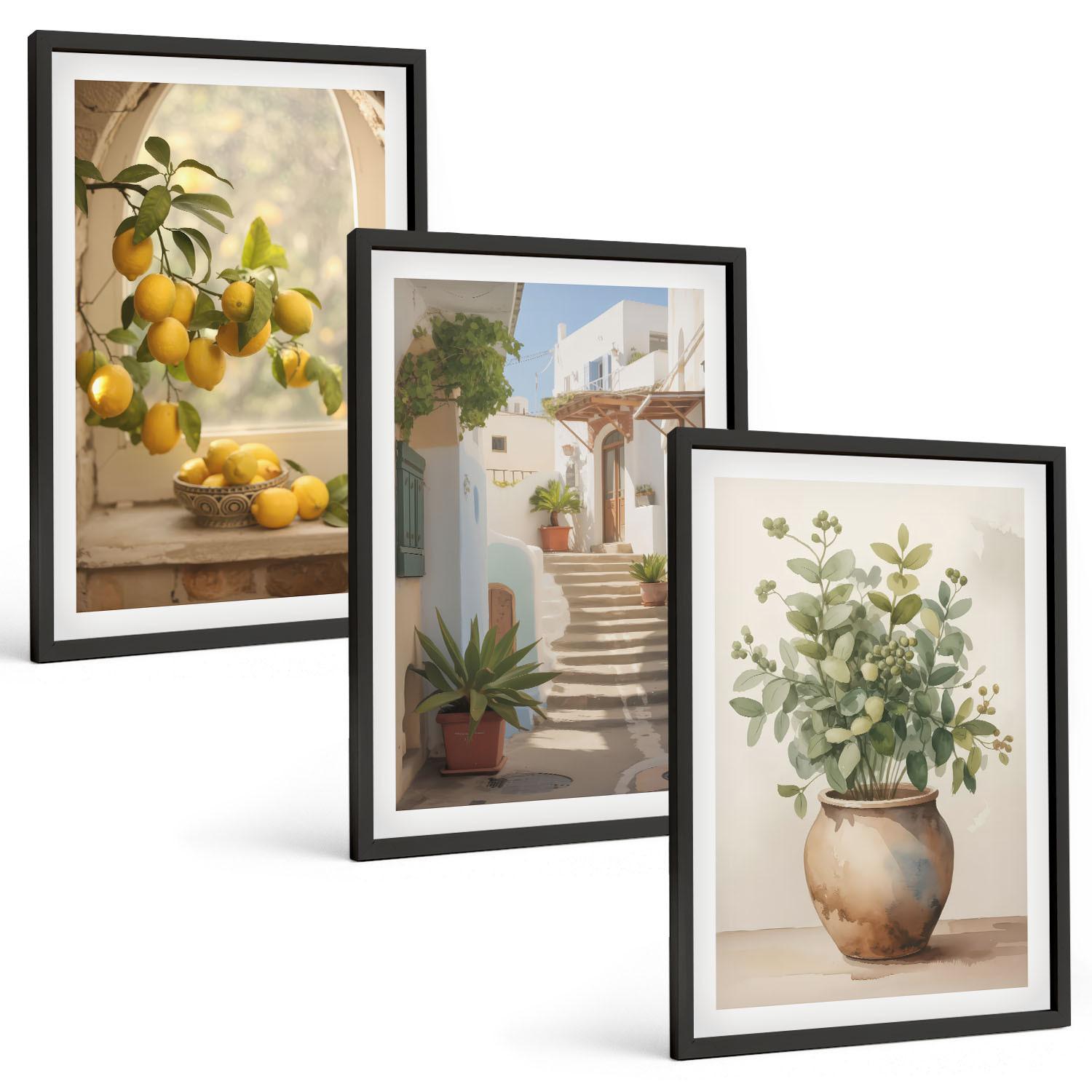 BILDER SET 3er Set - 40x60 cm Schwarzer Rahmen - Zitronen in einer Pflanzenvase - Schwarz, Kunststoff (40/60cm) - TULUP