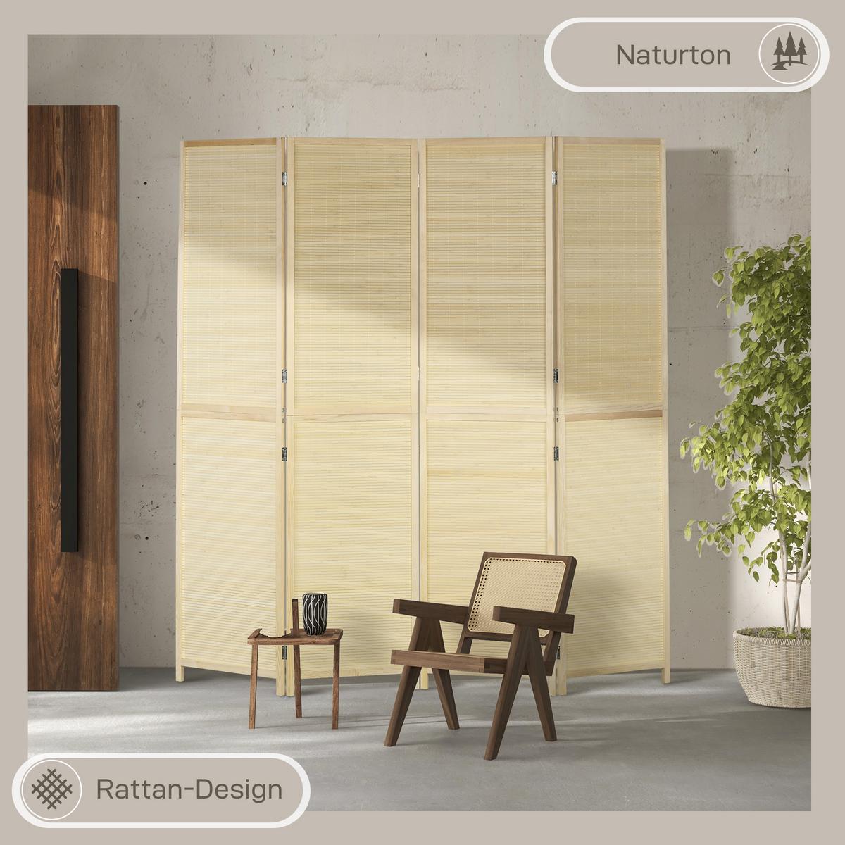 PARAVENT 4 TLG. 180 x 180 cm Faltbar aus Bambus Natur - Naturfarben, Naturmaterialien (1.6/180/180cm) - HOMCOM