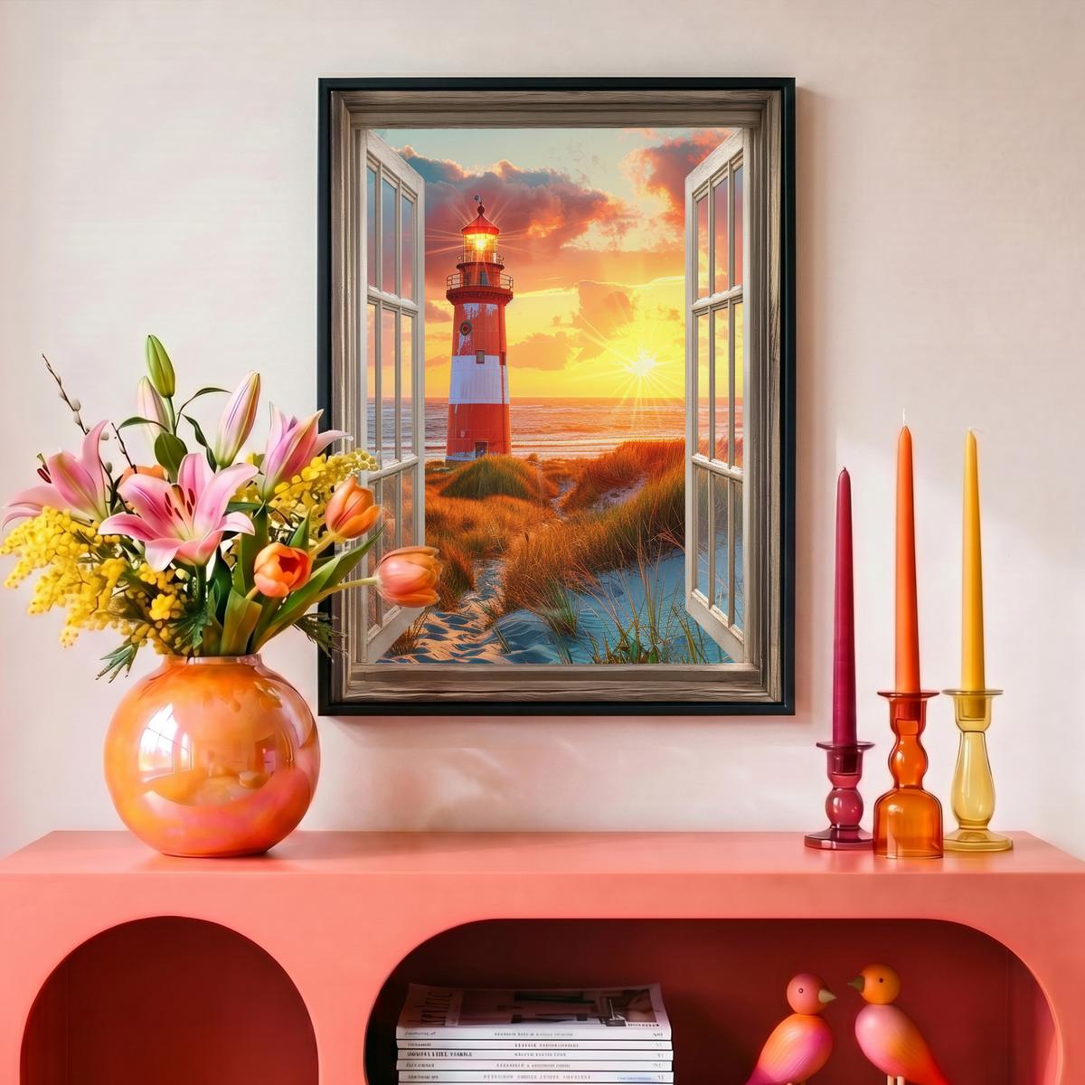 LEINWAND Bilder mit Rahmen - Aussicht - Fenster - Leuchtturm - Sonnenuntergang - Strand - 30x40 - Dunkelorange, Textil (30/40cm) - MuchoWow