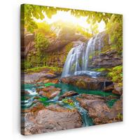 LEINWANDBILD Natur - Wasserfall - Pflanzen - Bäume - Sonne Deko Groß 90x90 cm - Olivgrün, Textil (90/90cm) - MuchoWow