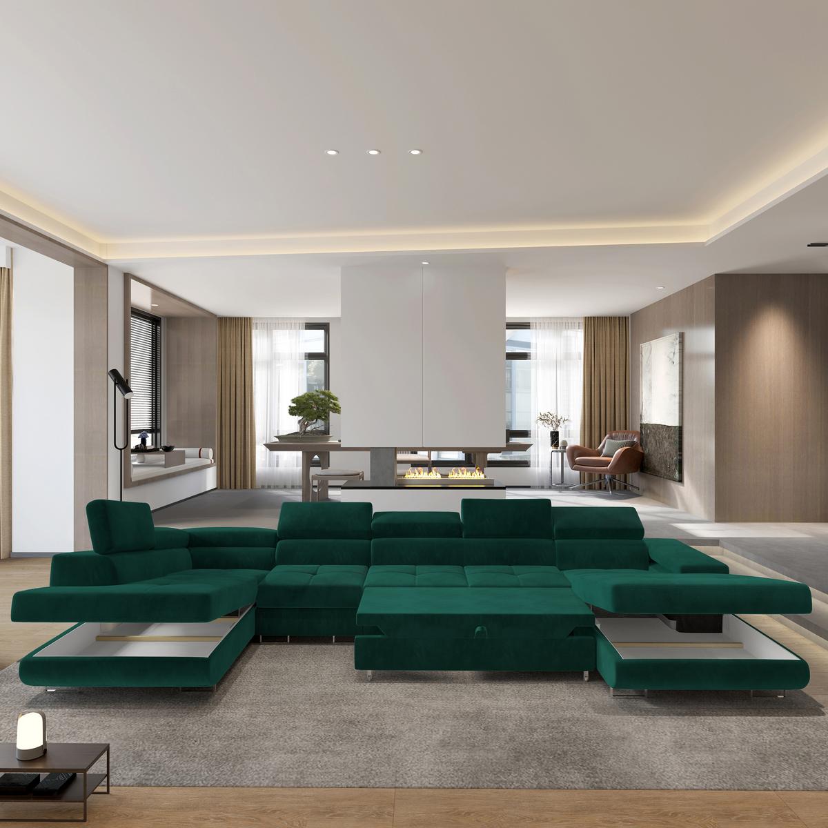 WOHNLANDSCHAFT VELORA L-S Grün Velours-Stoff mit Schlaffunktion - Grün, Holz (419/90/202cm) - MASSENO