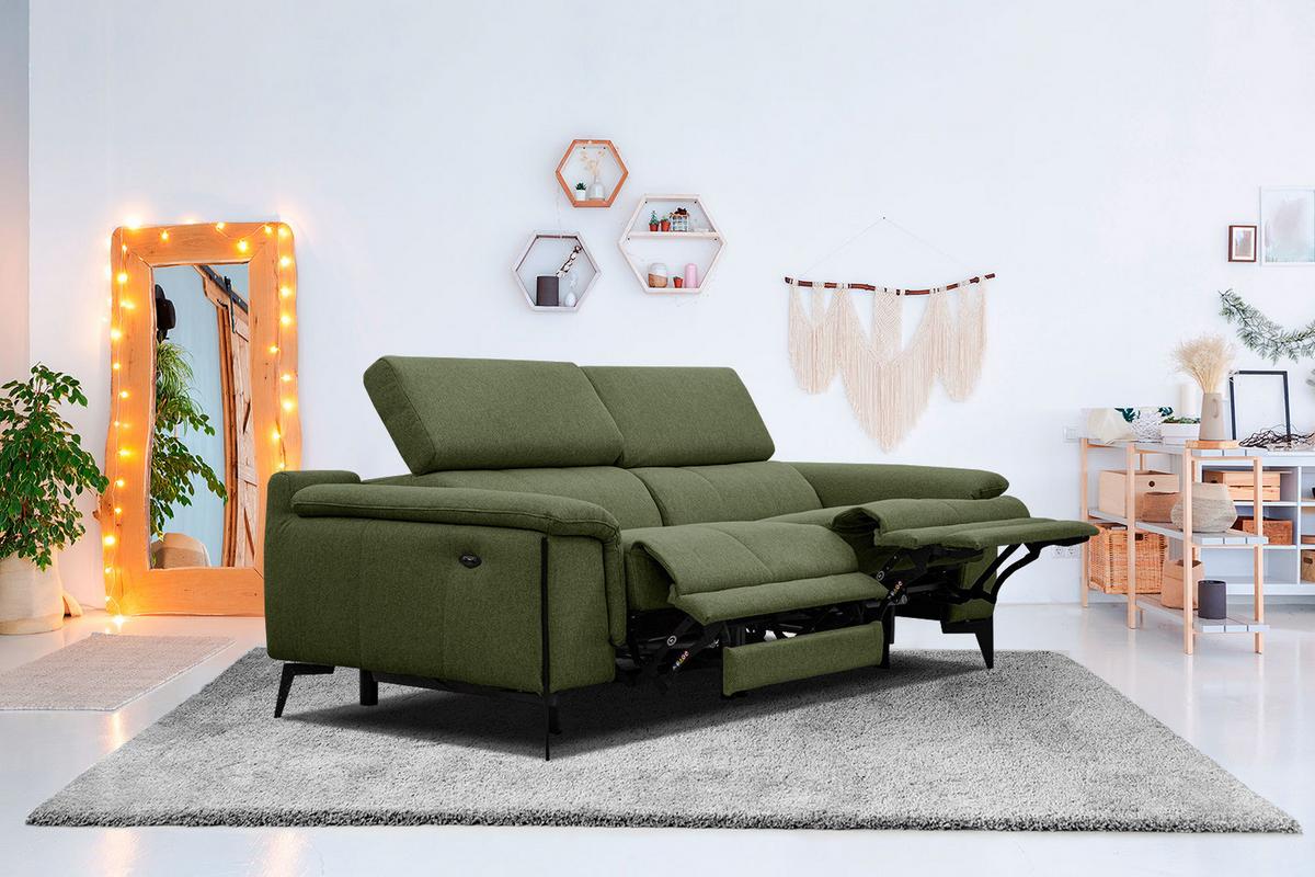 RELAXSOFA MATERA 3-Sitzer mit 2 Relaxfunktionen, olivgrün - Schwarz/Olivgrün, Holzwerkstoff/Textil (212/82/103cm) - Wozimo