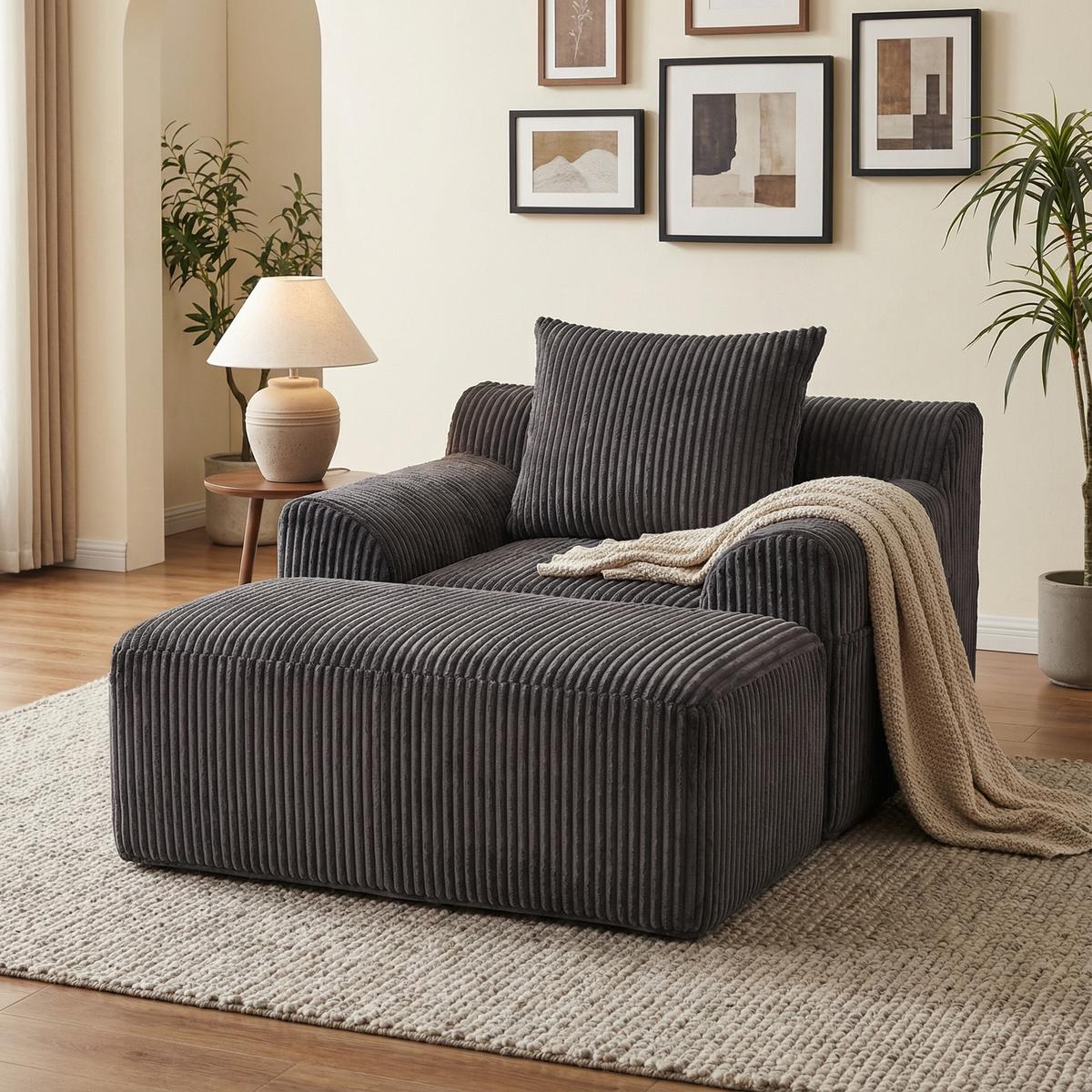 SESSEL mit Hocker in Cord Übergroßer Relaxsessel - Dunkelgrau, Textil (110/67/147cm) - Urban Meuble