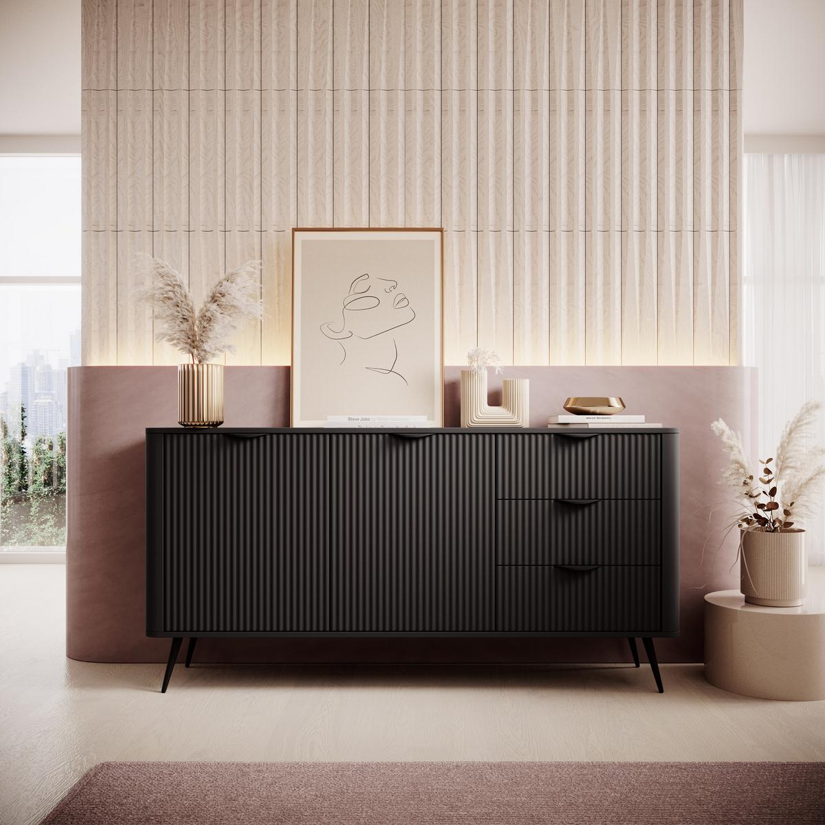 SIDEBOARD Vespasia 2T 3S Schwarz 163,2/81,2/38 cm – Geriffelten Fronten - Schwarz, Holzwerkstoff/Metall (163.2/81.2/38cm) - AX Living