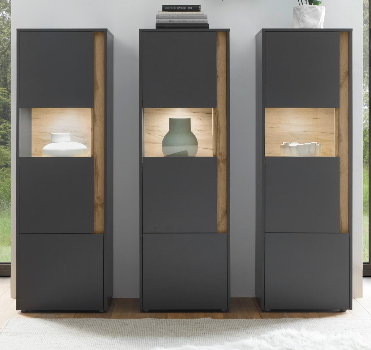 VITRINEN-SET 3-teilig grau matt, Wotan Eiche, Wohnkombination 3 x Vitrine, 190 x 155 cm - Anthrazit/Eiche Wotan, Holz/Holzwerkstoff (190/155/40cm) - Furn.Design
