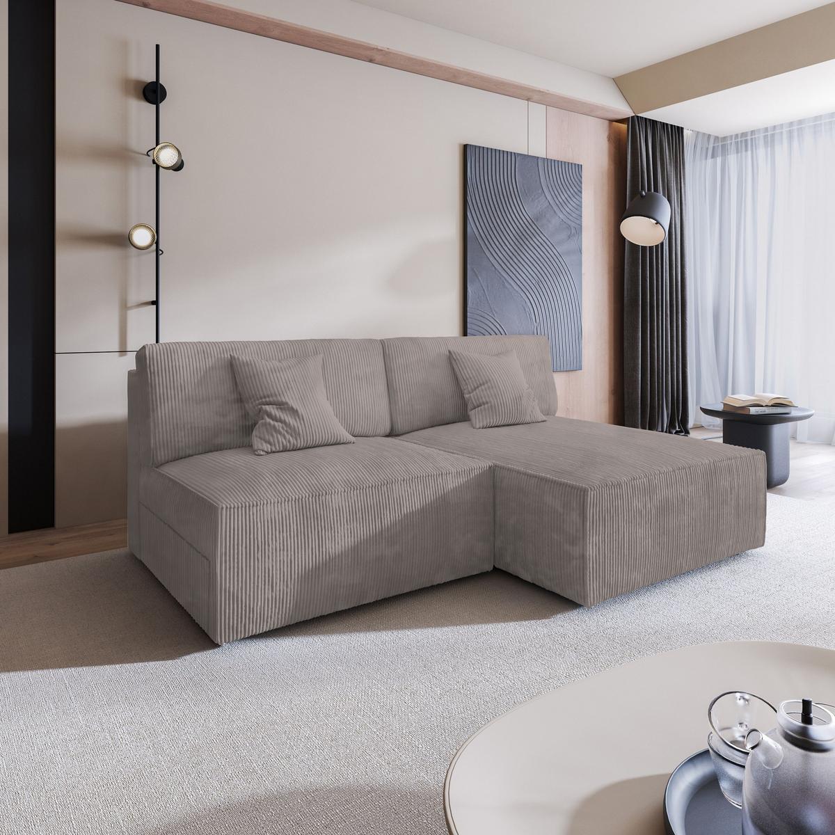 ECKSOFA FIORO P Beige Kordstoff mit Schlaffunktion - Beige/Grau, Holz/Kunststoff (204/148cm) - MASSENO