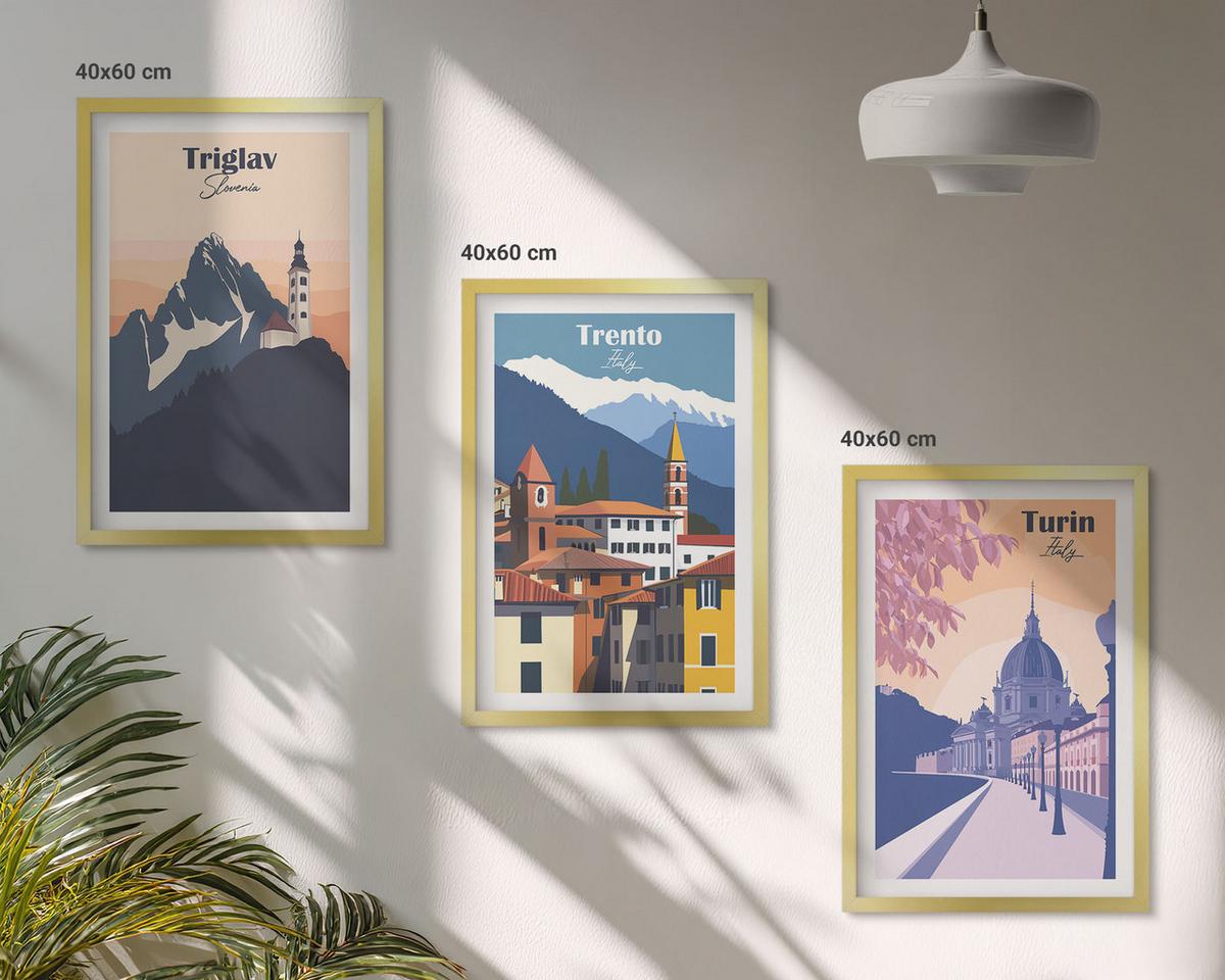 BILDER SET 3er Set - 40x60 cm Goldrahmen - Retro-Illustrationen zur Bergarchitektur - Goldfarben, Kunststoff (40/60cm) - TULUP