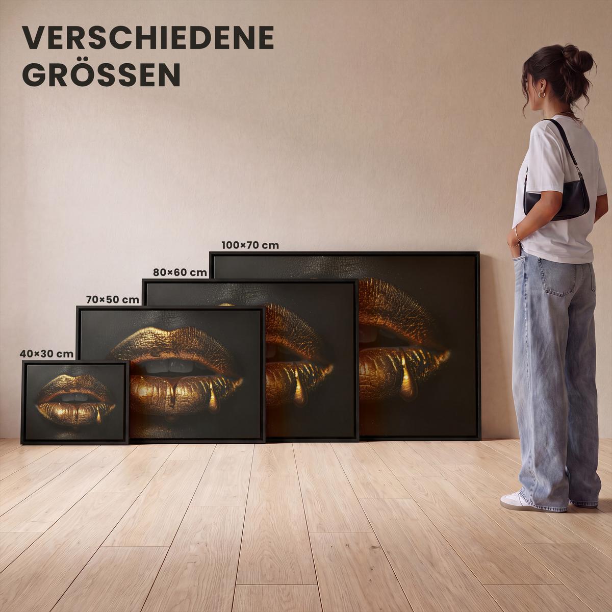 LEINWAND Bilder mit Rahmen - Frau - Porträt - Lippen - Gold - Schwarz - 70x50 - Schwarz, Textil (70/50cm) - MuchoWow