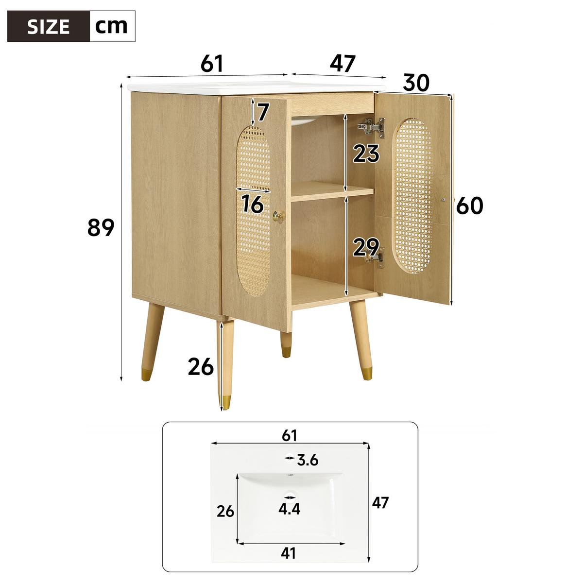 WASCHTISCHUNTERSCHRANK Holzoptik mit Rattan-Türen & Keramikbecken - Naturfarben, Holzwerkstoff (61/89/47cm) - Urban Meuble