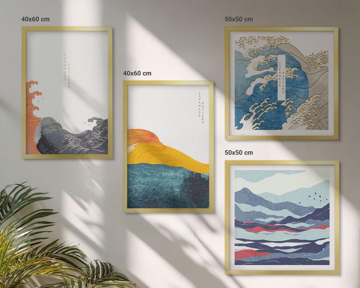 BILDER SET 4er Set - 50x50 cm & 40x60 cm Goldrahmen - Wellen – Japanische Kunstgrafik - Goldfarben, Kunststoff (50/50cm) - TULUP