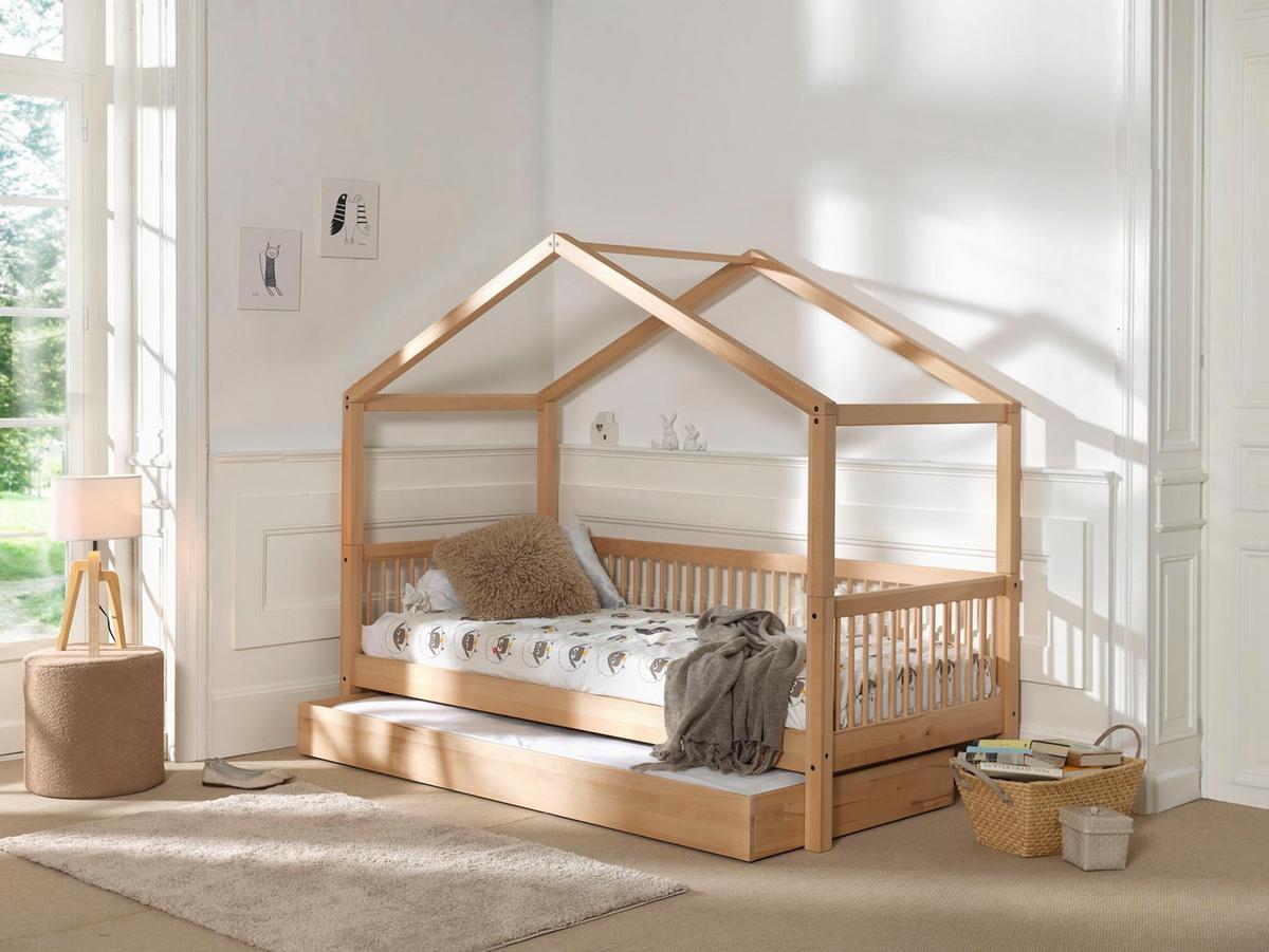 HAUSBETT Kelci 90x200 mit Bettschublade und Dach Buche massiv natur - Buchefarben, Holz (90/200cm) - 58aufmkessel
