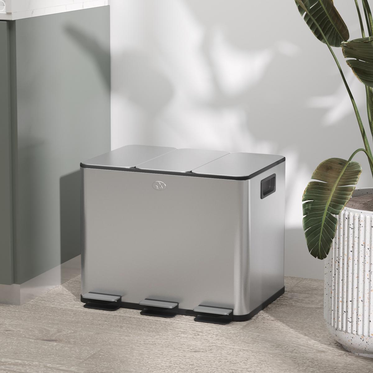 MÜLLEIMER 3x20L Abfalleimer aus Edelstahl mit Softclose Deckel Deodorant-Fächern - Silberfarben, Metall (36.6/56.7/61.9cm) - HOMCOM