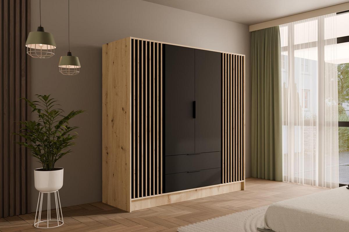 KLEIDERSCHRANK NELIA - 200 cm - Schwarz/Eiche Artisan, Holzwerkstoff (200/200/51cm) - ALTDECOR