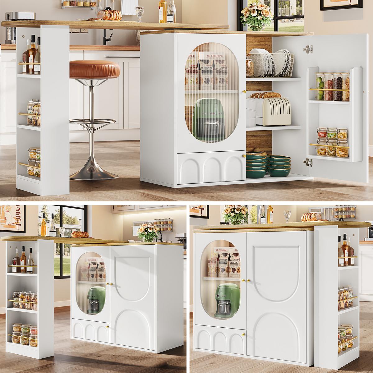 BARTISCH mit Stauraum Weiß Holzoptik 204 cm drehbar - Weiß, Glas/Holzwerkstoff (73/138/93cm) - Urban Meuble